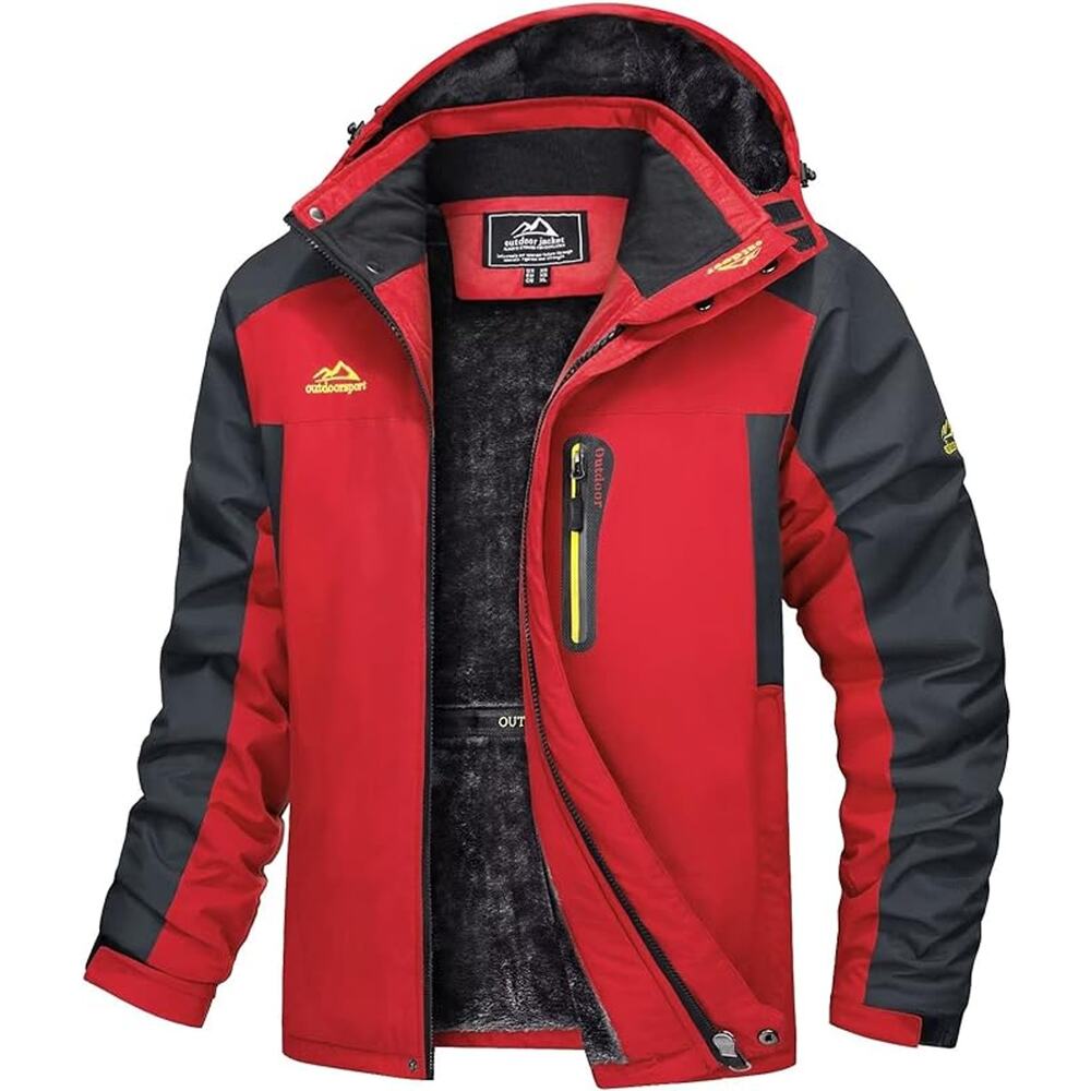 Magcomsen Ski Jacket Coat Hooded Hiking Colorblock Red Fleece Gray‎